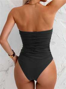 Swim Chiccia Women's Solid Color Front Tie Bandeau Swimsuit, Beach Holiday Summer - Black - View 3
