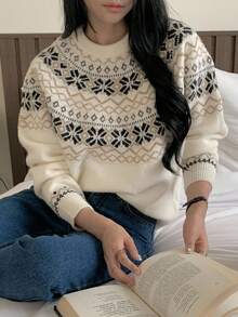 DAZY Suéter de punto jacquard de cuello redondo, estilo suelto y retro, suave para otoño, invierno, Navidad y Año Nuevo - Beis - Ver 1