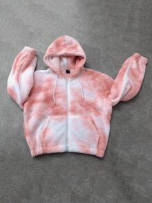 ROMWE MEN Street Life Men's Hooded Sweatshirt, Street American Tie-Dye Faux Fur Hoodie, Fall Winter - Orange - View 5