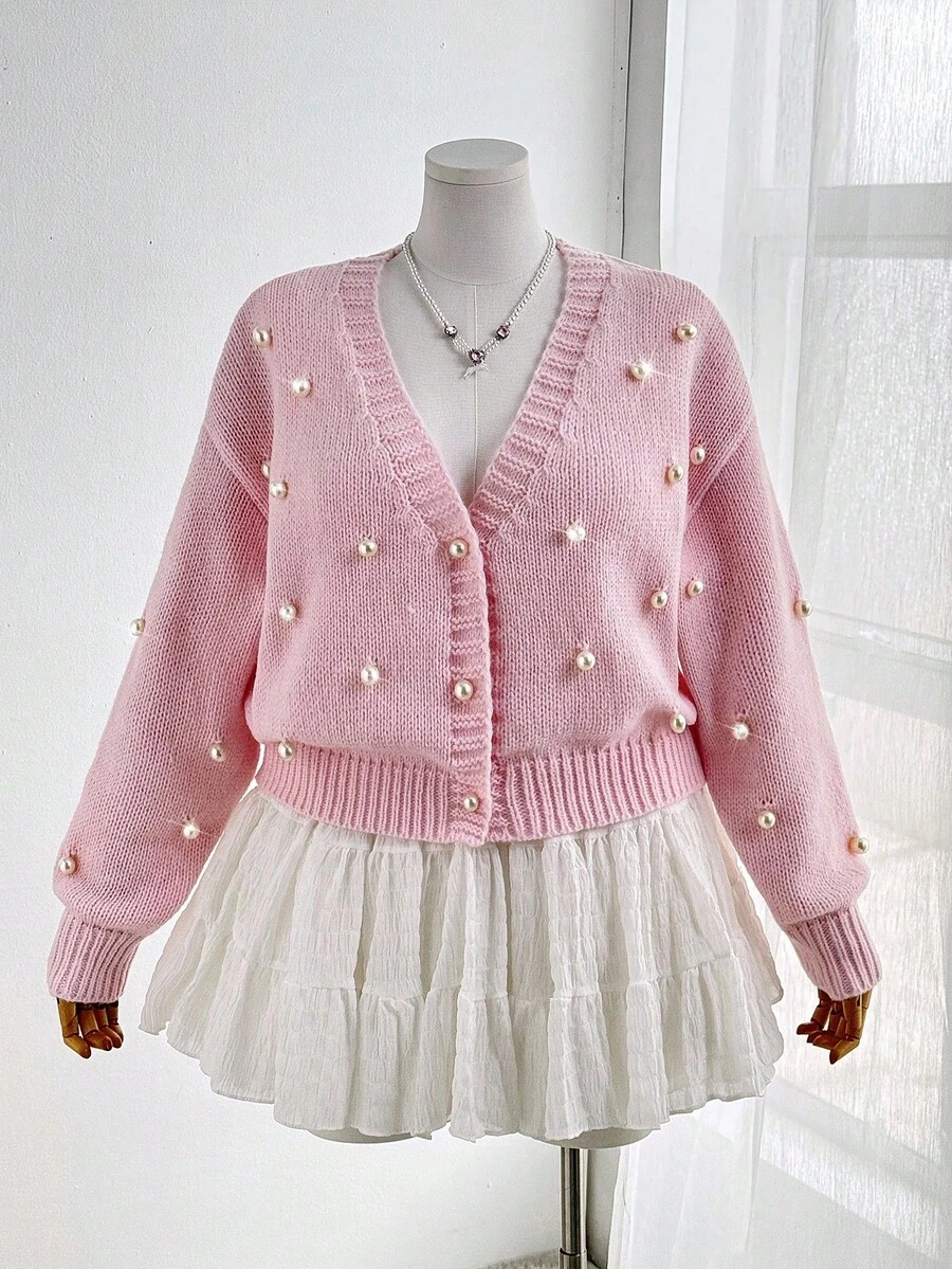 Ceyna Plus Size Women Elegant Solid Color Faux Pearl Decor V-Neck Loose Cardigan, Autumn/Winter Fall For Women, Pink