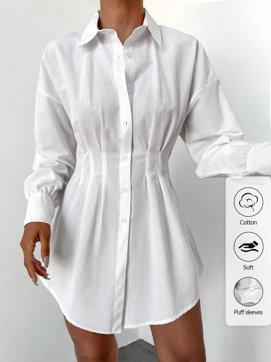 EURMUSE Plus Size Cotton Drop Shoulder Fold Pleated Curved Hem Shirt Oversized Button Up Women White Shirt Dress Long Sleeve White Dress Women Shirt Dress Long Shirt - White - View 1