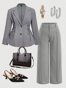 SHEIN MOD Women's Grey Blazer With Side Lace-Up | Casual Suit Jacket | Elegant Lapel Officewear | Street Style | Autumn Spring Fashion/Plus Size Women Gray Blazer Jacket With Side Tie,Plus Size Simple Casual Commuter Vintage Tie-Up Decor Blazer Winter Fall