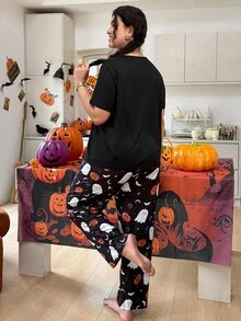 SHEIN Halloween Element Print Plus Size Knit Short Sleeve Pajama Set - Black - View 2