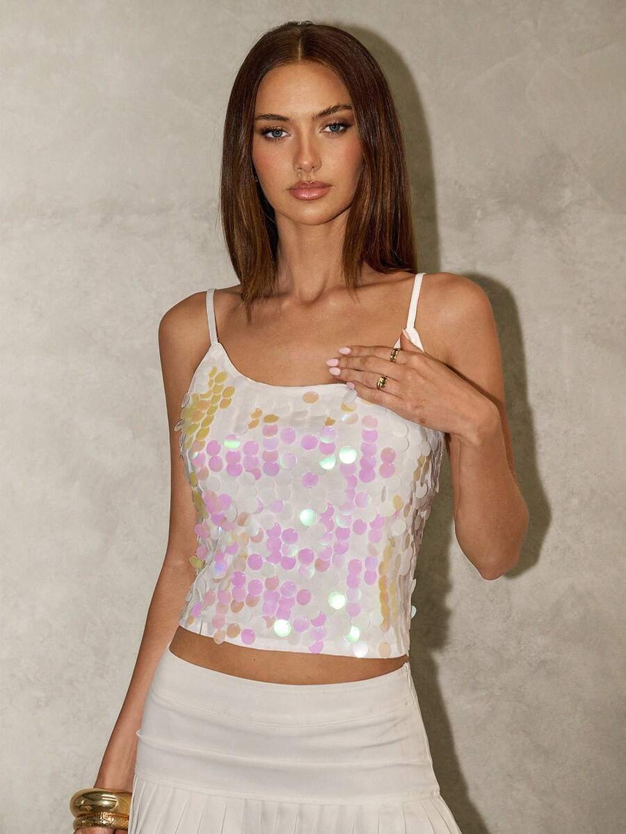 SHEIN BAE Áo hai dây cắt cúp sequin thời trang dành cho nữ mùa hè - Nhiều màu - Xem 1
