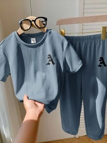 2件套年轻男童休闲舒适百搭图案印花短袖T恤和裤子套装 - 霧霾藍 - 查看 7