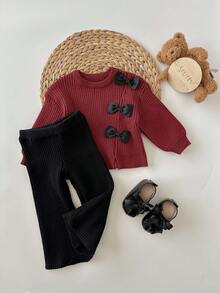 SHEIN 2pcs Baby Girl Cute Brown Bow Knit Sweater And Elastic Waist Bell-Bottom Pants Set, Autumn/Winter Fall - Multicolor - View 5