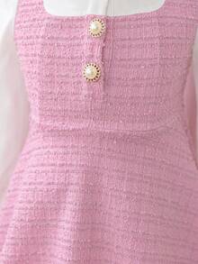 SHEIN Young Girl Woven Contrast Color Puff Sleeve 2 In 1 Dress Fall Winter - Pink - View 4