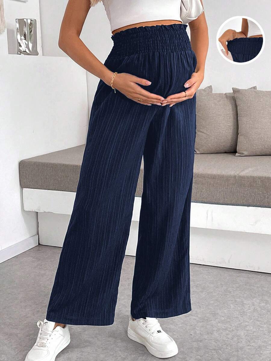 SHEIN 孕妇纯色纸袋腰宽松休闲阔腿裤孕妇裤怀孕阔腿裤孕妇装女阔腿裤 - 藏蓝色 - 查看 1