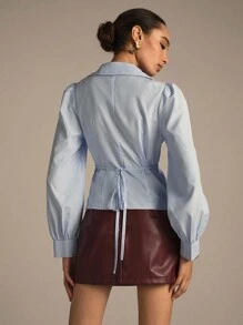 Modelyn 女式蓝色条纹长袖系带修身休闲衬衫，适合外出、约会、返校、秋季 - 藍色 - 查看 2