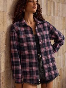 Glamance BiGraphic Women's Letter & Butterfly Plaid Print Long Sleeve Single-Breasted Casual Loose Shirt Going Out Fall Elegant Blouses Winter Chic Stylish Clothing Collection - Multicolor - View 2