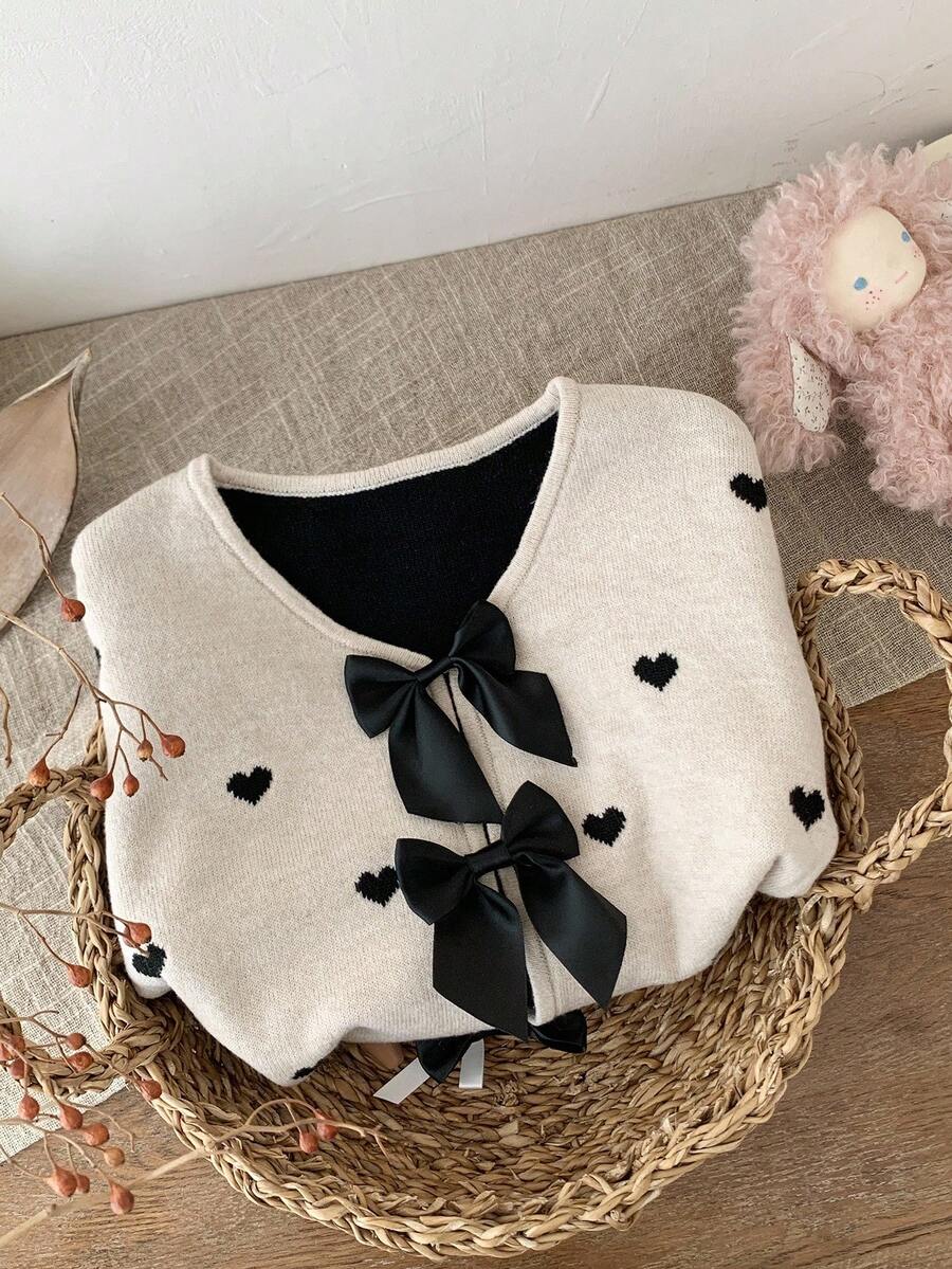 SHEIN LMoss Kids Young Girl Polka Dot Bow Knitted Cardigan, Cute & Versatile, Autumn/Winter Fall - Apricot - View 1