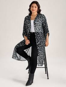 SHEIN LUNE Plus Size Women Leopard Print Lightweight Adjustable Sleeve Long Jacket - Grey - View 6