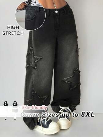 SHEIN CURVE+ 大码女式五角星磨边口袋阔腿宽松休闲牛仔裤