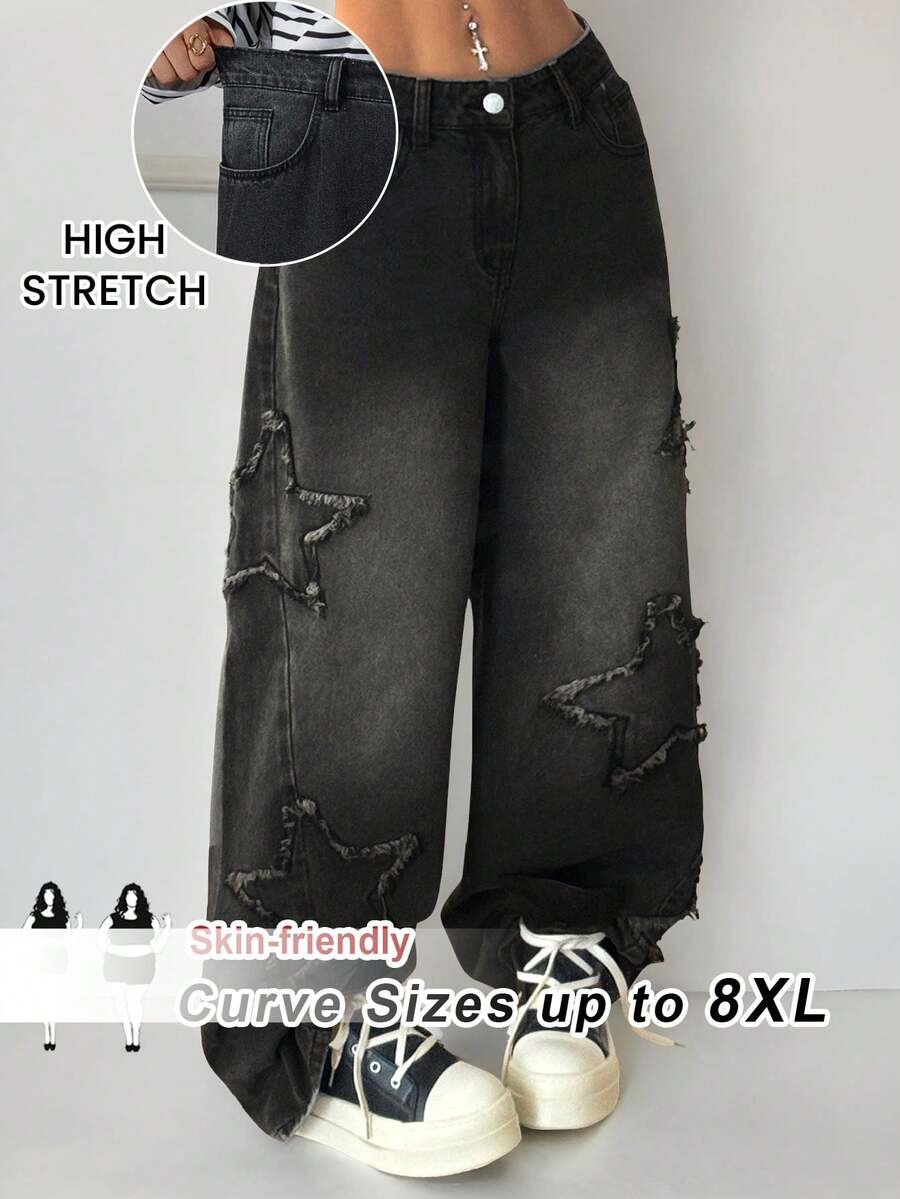 SHEIN CURVE+ 大码女式五角星磨边口袋阔腿宽松休闲牛仔裤