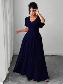 Elenzga Váy dệt kim co giãn cổ chữ V sâu tay bèo nhún cỡ lớn thanh lịch tối giản dự tiệc ngày lễ - Màu xanh hải quân - Xem 3