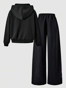 SHEIN Tween女孩秋季套裝 2件組圓領黑色粉色寬鬆圖案印花連帽衫＋寬腿褲套裝 可愛返校休閒運動賽車風 - 深灰色 - 查看 2