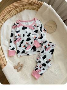 2pcs Baby Girl Snug Fit Cute Cow Print Colorblock Round Neck Long Sleeve Pajama Set, Soft & Comfortable For Autumn/Winter