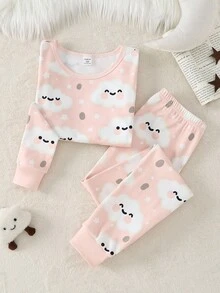 青少年女孩可爱云朵印花粉色圆领长袖和裤子针织弹力面料舒适合身两件套家居服套装