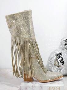 SHUZIA Fringe Decor Chunky Heeled Boots - Champagne - View 4