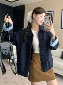 DAZY جاكيت كاجوال فضفاضة للنساء بياقة منقلبة وأكمام مربعة ومطاطية في الخصر، تصميم كشكش وتباين ألوان مناسبة للخريف والشتاء