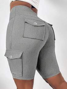 SHEIN LUNE Plus Size High Waist Fold-Over Cargo Running Shorts With Pockets, Tummy Control & Butt Lifting - Grey - View 1