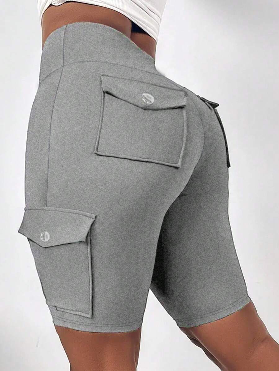 SHEIN LUNE Plus Size High Waist Fold-Over Cargo Running Shorts With Pockets, Tummy Control & Butt Lifting - Grey - View 1