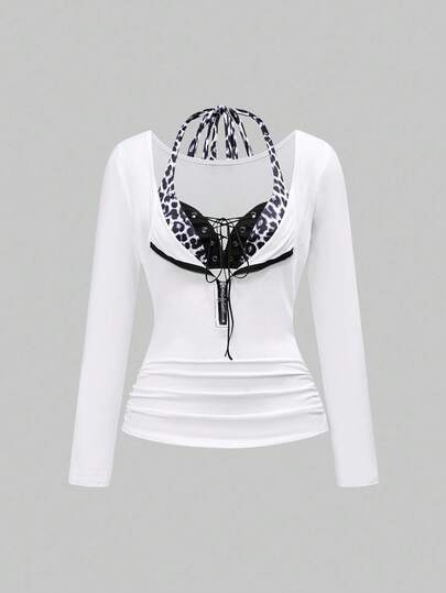 Grunge Punk Street Sexy Punk 2 In 1 Contrast Color Black & White Lace-Up Women T-Shirt