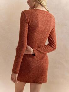 Écloséra 优雅法式休闲风圆领长袖蘑菇扣厚针织棕色连衣裙，女款，春秋 - 棕色 - 查看 6