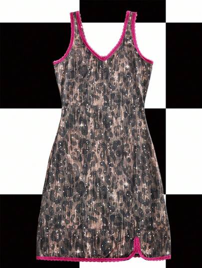 Y2Kool Ariqdhaksinargha Y2K, Hot Girl, Lace Patchwork, Color Blocking, Leopard Print, Animal Print, Sequin Effect Women's Bodycon Slit Mini Dress, Suitable For Summer, Autumn, Vacation, Party, Daily Wear Leopard Print Dress Camisole Dress Pattern Dress Graphic Dress Casual