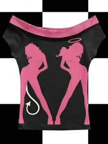 Y2Kool BiGraphic Camiseta de hombros descubiertos con estampado de ángel y demonio en estilo punk goth Y2K, ropa de calle sexy para otoño, fiesta de Halloween y eventos, tops de salida a juego, ropa casual Y2K para mujeres, tops de anime, colección de ropa de mujer con estilo, atuendos de Año Nuevo