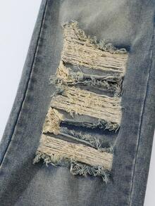 SHEIN ChillGRL 这款少女复古做旧牛仔休闲裤，采用褪色青铜色调水洗工艺，饰有破洞和做旧细节，弹性腰带穿着舒适，纽扣前襟方便穿脱，宽松版型更显身材。适合外出、约会、派对、返校季等各种场合，是春夏秋冬的时尚百搭单品。