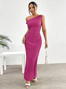 SHEIN EZwear 针织提花金属扣装饰不对称肩长连衣裙 - 中紫紅色 - 查看 6
