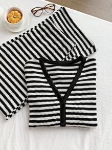 Comfortcana Set de 2 piezas Talla grande Camiseta de manga larga a rayas negras y blancas con pantalón de pierna recta de color contrastante, informal - Blanco y Negro - Ver 5