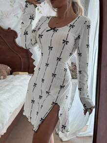 CottageSlumber 浪漫花卉女士提花针织蝴蝶结印花休闲长袖开衩睡裙，家居服连衣裙，秋冬款，舒适优雅细节 - 白色 - 查看 2
