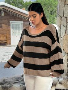 SHEIN EZwear 秋冬大码露肩条纹针织套头衫 - 黑色 - 查看 3