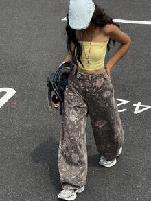 DAZY 女士印花哈伦裤，休闲街头风宽松牛仔裤 Y2k - 彩色 - 查看 4