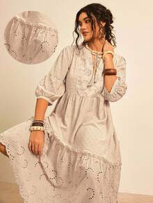 Freevana Đầm suông rộng rãi thường ngày thêu tay đèn lồng tua rua cho nữ cỡ lớn đi nghỉ mát Burnout - Màu Khaki - Xem 2