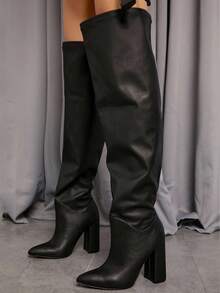 SHUZIA Botas de tacón de caña fruncidas de piel sintética - Negro - Ver 4