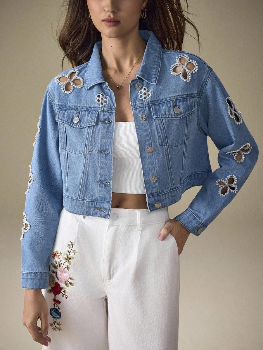 Selenza Floral Hollow-Out Pearl Decor Women Denim Jacket - Medium Wash - View 1