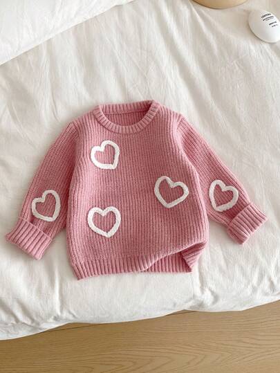 SHEIN Vintaside Kids Infant & Toddler Girls' Embroidered Pink Pullover Sweater, Suitable For Spring/Autumn, Can Be Worn As Layering Piece In Winter. Delicate Bow Embroidery Adds Adorable And Playful Charm. Suitable For Family Gatherings, Halloween, New Year, Thanksgiving, Christmas, Easter, National Day, Parties, New Year's Eve Baby Girl Sweater Baby Girl Heart Sweater Baby Knit Sweater Baby Sweater Baby Girl Knitwear Baby Knitwear Baby Girl Sweaters With Hearts Baby Girls Winter Clothes Baby Girls Fall Clothes Baby Girl Fall Outfits Baby Girl Jumper Baby Girl Heart Outfit