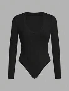SHEIN EZwear 2 件套休闲纯色针织性感 V 领修身长袖甜心领女式紧身衣 - 彩色 - 查看 5