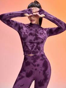 SHEIN Sovereign Charm 女式立领插肩袖休闲短款扎染运动T恤，无缝 - 彩色 - 查看 3