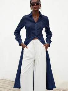 Aveloria Modichic فستان قميص ماكسي أنيق وجذاب من قماش شفاف مزخرف، بياقة على شكل حرف V وأكمام منتفخة طويلة، خصر مربوط، تصميم مطوي معقد للنساء