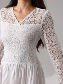 Modelyn Rochie elegantă franceză cu mânecă lungă, din dantelă, model patchwork, cu talie strânsă