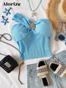 Top tubo asimétrico de cuello de moda para adolescentes, atrevido estilo de verano - Azul - Ver 1
