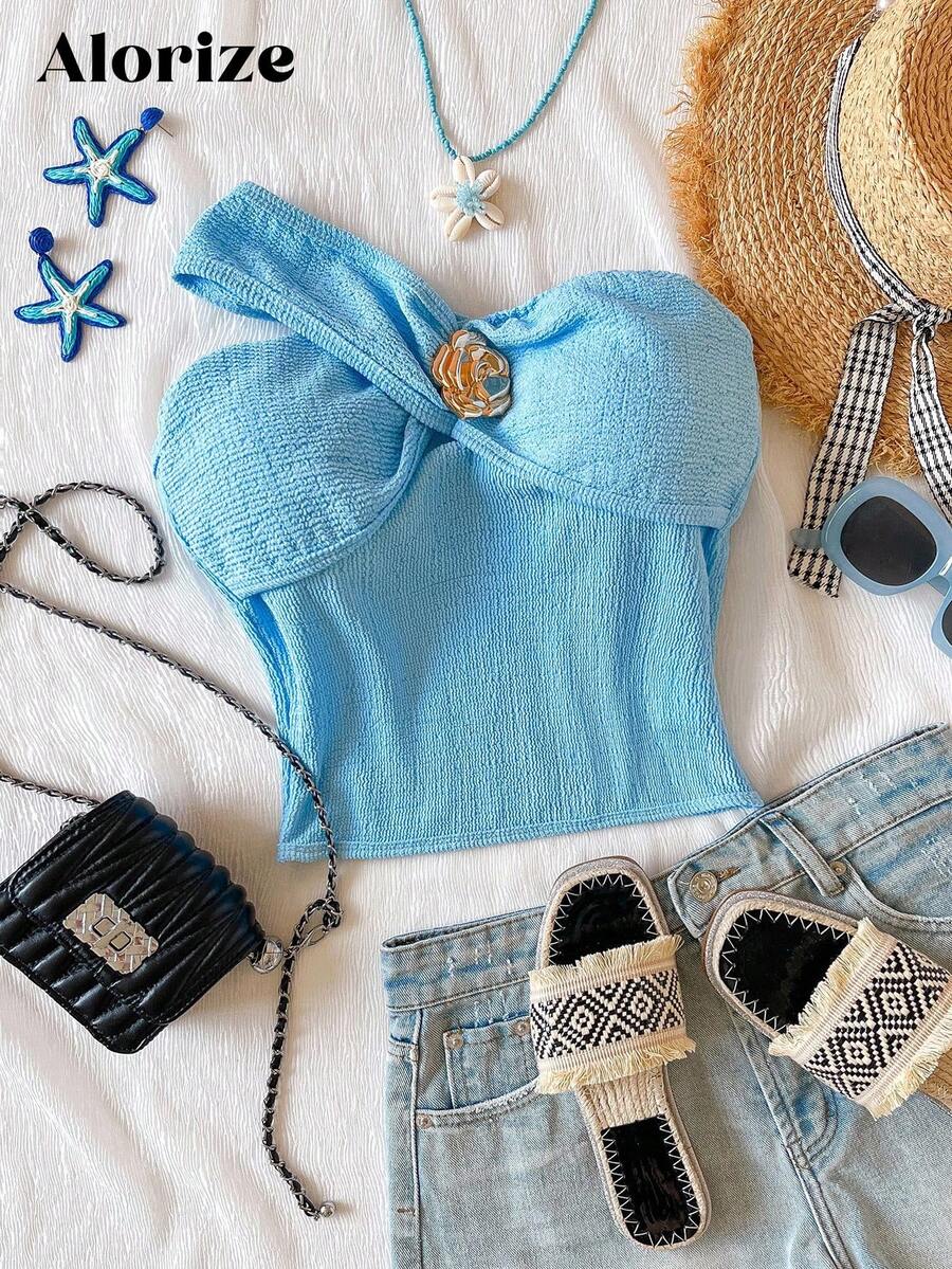Top tubo asimétrico de cuello de moda para adolescentes, atrevido estilo de verano - Azul - Ver 1