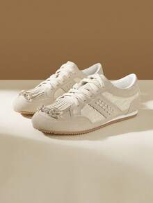 CUCCOO EASI Women's Round Toe Tassel Decor Flat Casual Sneakers, Comfortable Leisure Style PU Leather Light Khaki Sneakers For Daily Indoor/Outdoor Wear - Khaki - View 2