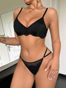 SHEIN 2pcs Sexy Lace Patchwork Lingerie Set - Black - View 3