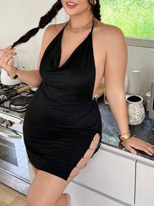 SHEIN 加大码性感露背软面料链条设计睡袍 - 黑色 - 查看 10
