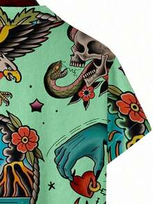 Manfinity RSRT 男士休闲度假骷髅和热带印花短袖衬衫 男士夏威夷衬衫 纽扣衬衫 男士卡通衬衫 纹身衬衫 男士图案夏威夷衬衫 衬衫 - 薄荷綠 - 查看 3